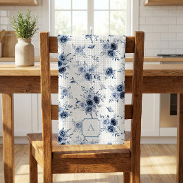 Wasserfarbene blaue Rosen mit Monogramm Geschirrtuch