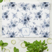 Wasserfarbene blaue Rosen mit Monogramm Geschirrtuch (Gefaltet)