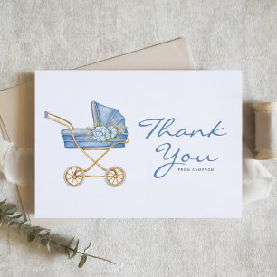 Wasserfarbene Blaue Vintage-Kinderwagen-Baby-Party Dankeskarte
