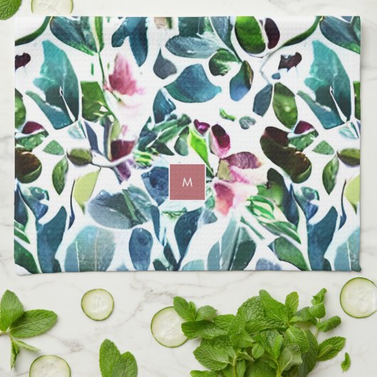 Wasserfarbene Blume botanisch mit Monogramm Geschirrtuch (Gefaltet)