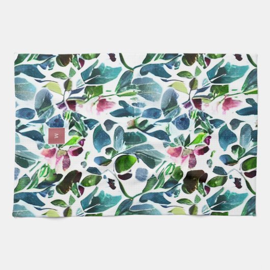 Wasserfarbene Blume botanisch mit Monogramm Geschirrtuch (Horizontal)