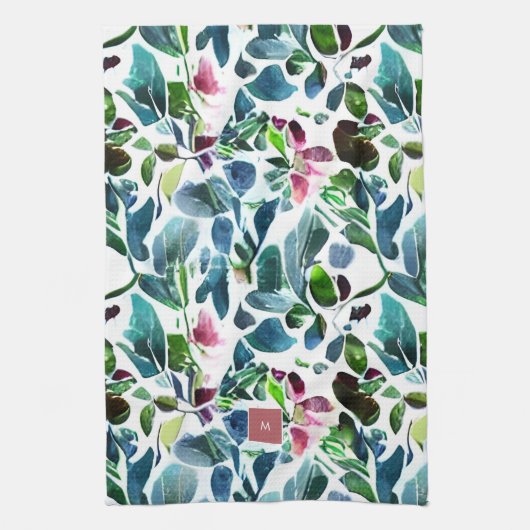 Wasserfarbene Blume botanisch mit Monogramm Geschirrtuch (Vertikal)