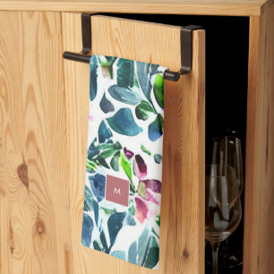 Wasserfarbene Blume botanisch mit Monogramm Geschirrtuch