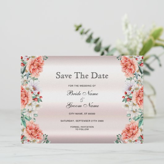 Wasserfarbene Blume der Peony Save the Date (Stehend Vorderseite)