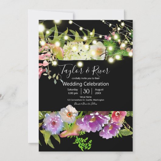 Wasserfarbene Blume des Sommers mit Stringleuchten Einladung (Vorderseite)