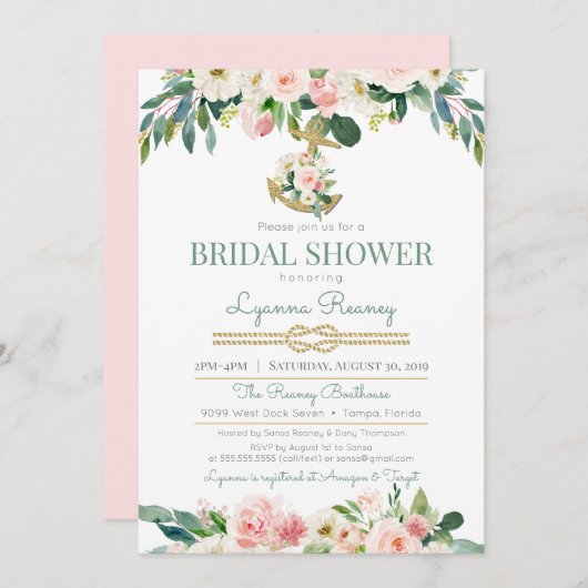 Wasserfarbene Blume Erröten Schönes Brautparty Einladung (Vorne/Hinten)