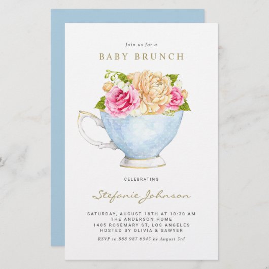 Wasserfarbene Blume für Teacup Baby Brunch Einladu (Vorne/Hinten)