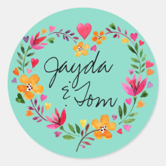 Wasserfarbene Blume Herzkranz | ÄNDERN DER FARBE Runder Aufkleber