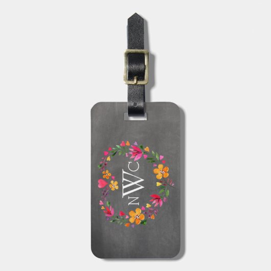Wasserfarbene Blume Herzkranz | Kalkboard grau Gepäckanhänger (Vorderseite vertikal)