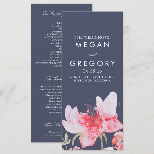 Wasserfarbene Blume Hochzeitsprogramme für Marine  Programm (Vorne/Hinten)