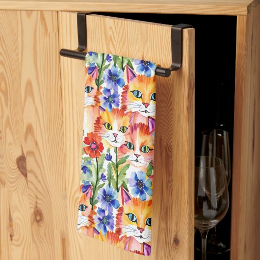 Wasserfarbene Blume und Katzen Geschirrtuch (Drittel gefaltet)