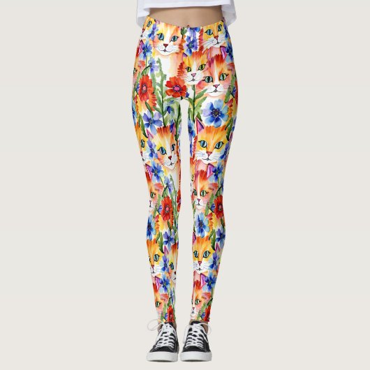 Wasserfarbene Blume und Katzen Leggings (Vorderseite)