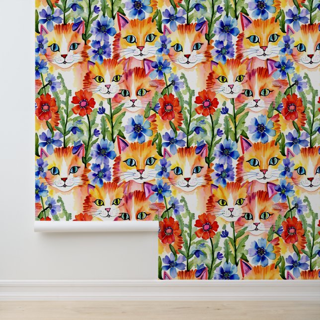 Wasserfarbene Blume und Katzen Tapete (Anwendung)