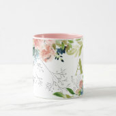 Wasserfarbene Blumen elegant grün mit Monogramm Tasse (Zentrum)