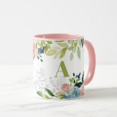 Wasserfarbene Blumen elegant grün mit Monogramm Tasse (VorderseiteRechts)
