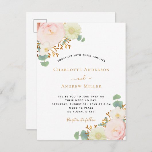 Wasserfarbene Blumen Rosa Goldhochzeit Postkarte (Vorne/Hinten)