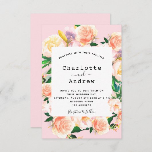 Wasserfarbene Blumen Rosa Rosa Goldhochzeit Einladung (Vorne/Hinten)