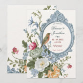 Wasserfarbene Blumen und Vogelrahmen Künstlerische Einladung (Vorne/Hinten)