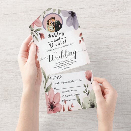 Wasserfarbene Blumenbrille und Groom Romantische H All In One Einladung (Abreißen)