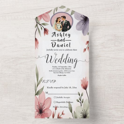 Wasserfarbene Blumenbrille und Groom Romantische H All In One Einladung (Innen Boden)