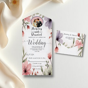 Wasserfarbene Blumenbrille und Groom Romantische H All In One Einladung