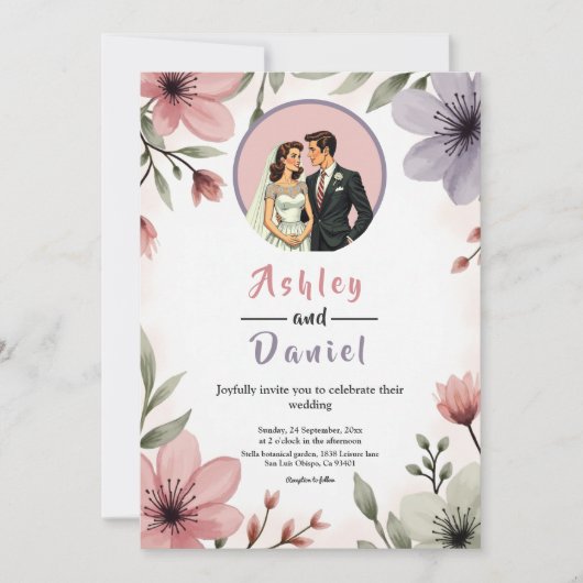 Wasserfarbene Blumenbrille und Groom Romantische H Einladung (Vorderseite)