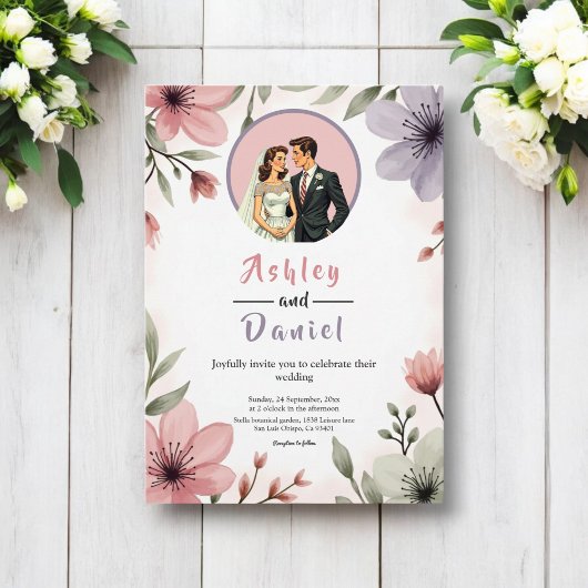 Wasserfarbene Blumenbrille und Groom Romantische H Einladung