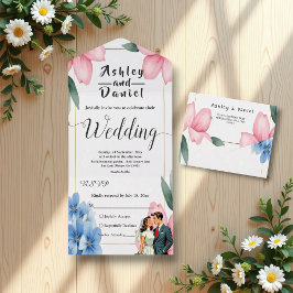 Wasserfarbene Blumenbrille und Groom Sommerhochzei All In One Einladung