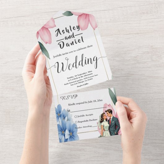 Wasserfarbene Blumenbrille und Groom Sommerhochzei All In One Einladung (Abreißen)