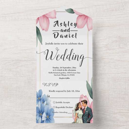 Wasserfarbene Blumenbrille und Groom Sommerhochzei All In One Einladung (Innen Boden)