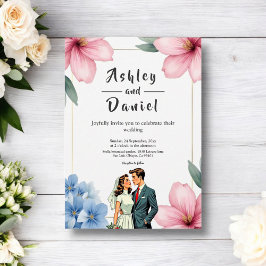 Wasserfarbene Blumenbrille und Groom Sommerhochzei Einladung