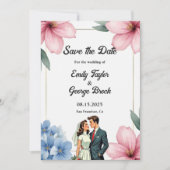 Wasserfarbene Blumenbrille und Groom Sommerhochzei Save The Date (Vorderseite)