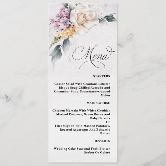 Wasserfarbene Blumenkalligraphie Moderne Hochzeits Menükarte (Vorderseite)