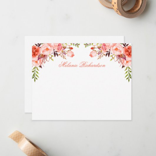 Wasserfarbene Blumenkoralle Personalisiert Mitteilungskarte (Vorderseite/Rückseite Beispiel)