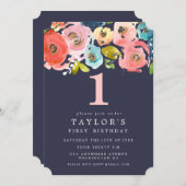 Wasserfarbene Blumenmädchen Einladung 1. Geburtsta (Vorne/Hinten)