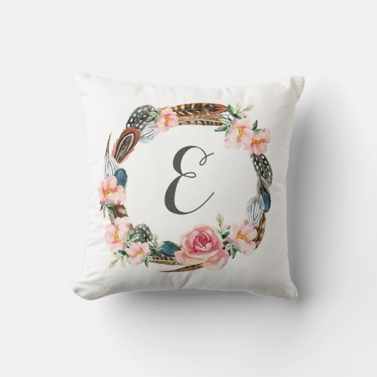 Wasserfarbene Blumenreste mit Federn| Monogramm Kissen (Vorderseite)