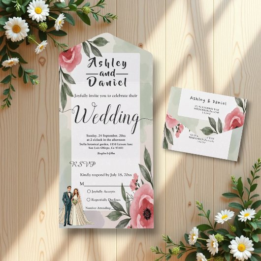 Wasserfarbene Blumenromantik Sommerhochzeit All In One Einladung