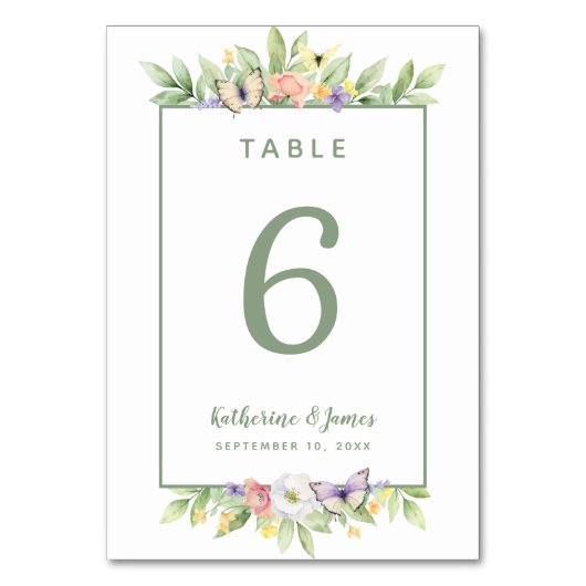 Wasserfarbene Blumenschmetterlinge Hochzeitssage G Tischnummer (Rückseite)