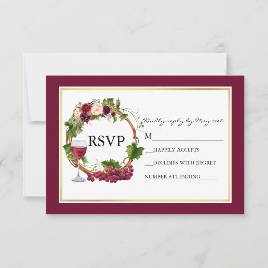 Wasserfarbene Blumentrauben Wreath Burgund Hochzei RSVP Karte (Vorderseite)