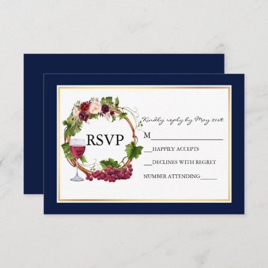 Wasserfarbene Blumentrauben Wreath Wedding Blue RSVP Karte (Vorne/Hinten)