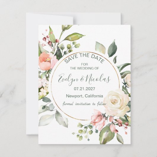 Wasserfarbene Blüten, Blattwerk Save the Date Einladung (Vorderseite)