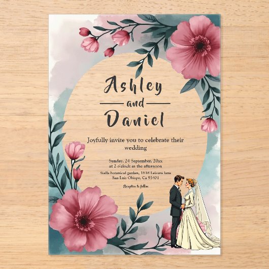Wasserfarbene Blütenbräune und Bräutigam Elegante Acryleinladungen (Vorderseite)