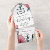 Wasserfarbene Blütenbräune und Bräutigam Elegante  All In One Einladung (Abreißen)
