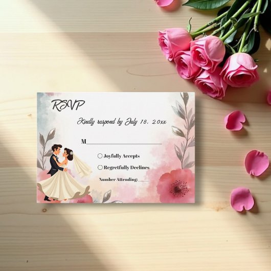 Wasserfarbene Blütenbräune und Bräutigam Elegante RSVP Karte