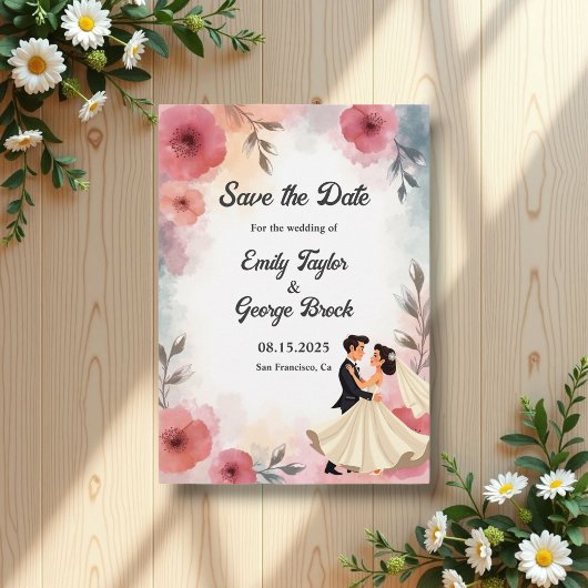 Wasserfarbene Blütenbräune und Bräutigam Elegante Save The Date