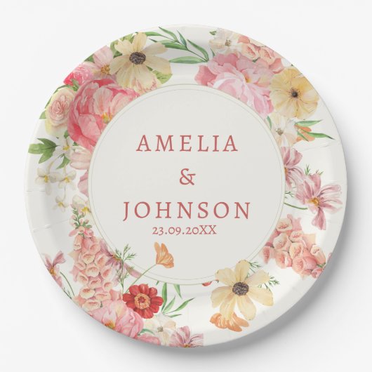 Wasserfarbene Blütencreme Name des Ehepaares Pappteller (Vorderseite)