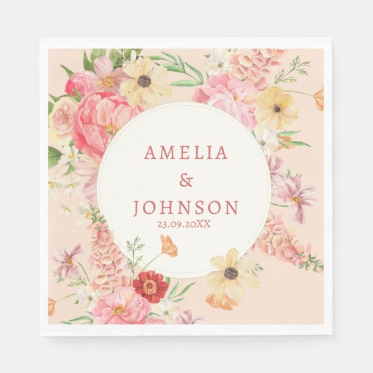 Wasserfarbene Blütencreme Name des Ehepaares Serviette (Vorderseite)