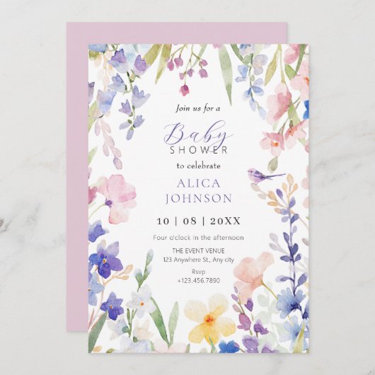 Wasserfarbene Blütenfeder Babydusche Einladung (Vorne/Hinten)