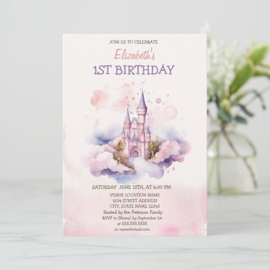 Wasserfarbene Burg Wolken Fairytale Einladung (Stehend Vorderseite)