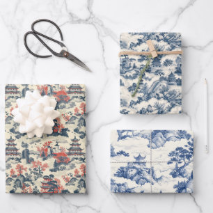 Wasserfarbene Chinoiserie Blaue China Burg Geschenkpapier Set